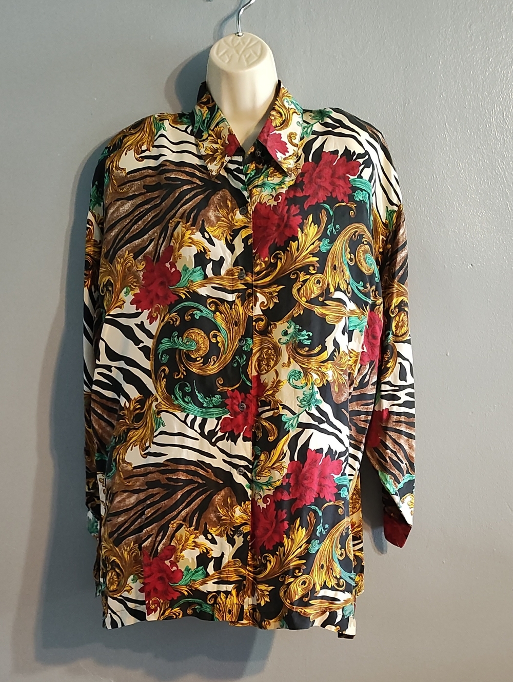 Forenza Vintage Baroque Floral & Zebra Print Blouse - Black, Gold, Red, Green